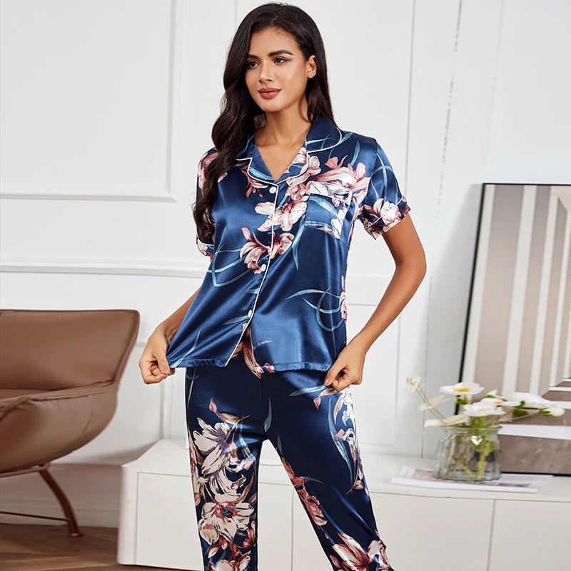 Women‘s Striped Printed Silk Satin Pajamas Summer Nightwear Trouser Suits Satin Set Woman 2 Pieces Short Sleeve Sleep Tops Night