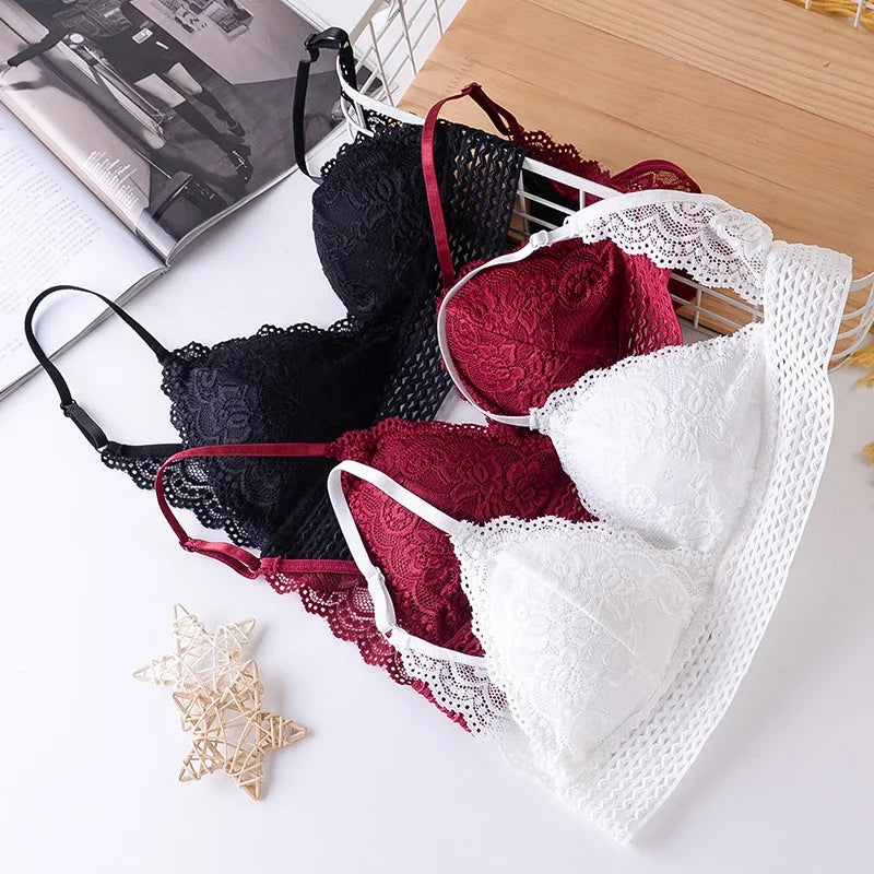 Lace Triangle Cup Padded Bra Women Embroidery Hollow Underwear Sexy Floral Deep V Brassiere Seamless Push Up Bralette Lingerie