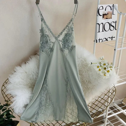 Sexy Hollow Out Lace Strap Nightgown Women Sleepwear Embroidery Flower Robe Silky Satin Nightdress Home Wear Intimate Lingerie