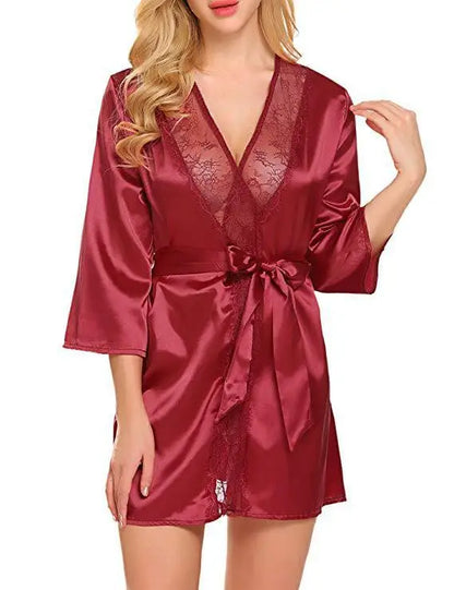 Women Sexy Lace Satin Robe Sleepwear Short Nightgown Kimono Bathrobe Lingerie Nighty Dress Soft Comfortable Black Plus Size
