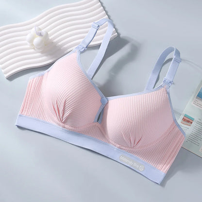 New Pure Cotton Double Button Breastfeeding Bra With Thin Gathered Anti Sagging No Steel Ring Soft Comfortable Women's Underwear