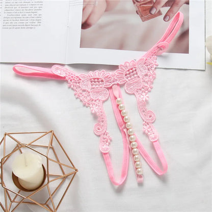 Women Sexy Underwears Female Transparent Hollow Out Temptation Pearl Massage Open File Thong Thin Perspective Embroider T-shaped