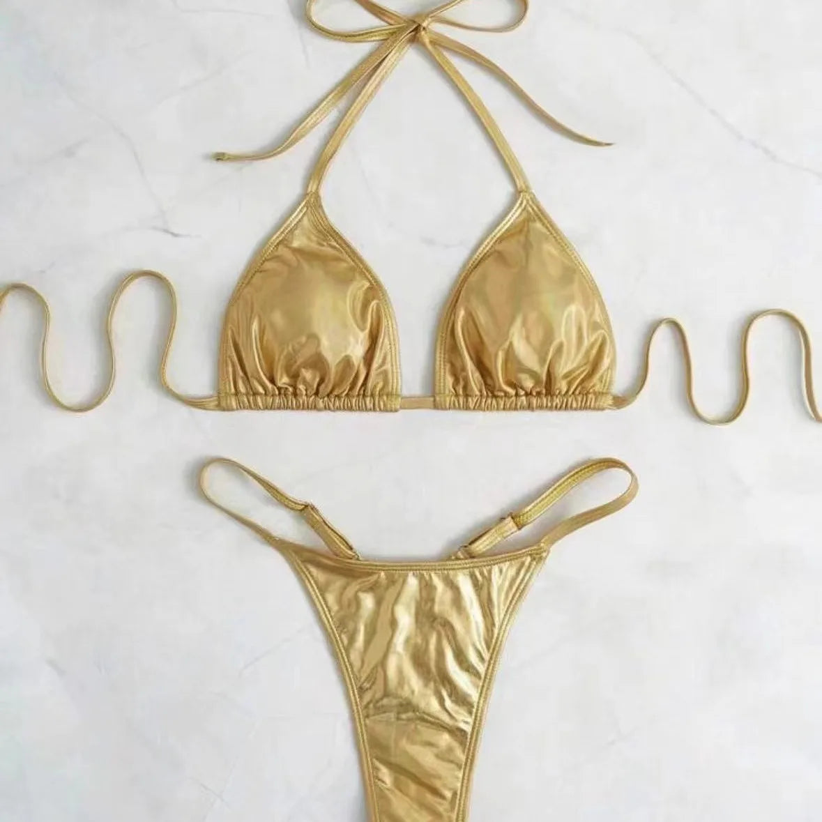 sexy metallic gold glitter halter bikinis sets two pieces 2024 women thong bandage swimsuit female bathing suit swimwear biquini