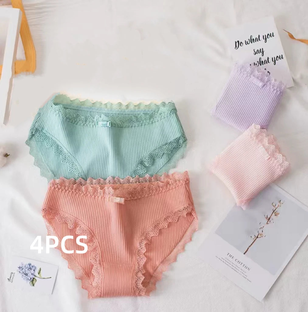 4 Pcs Lace Wavy Trim Bikini Panties, Comfy & Breathable Elastic Intimates Panties, Women's Lingerie & Underwear