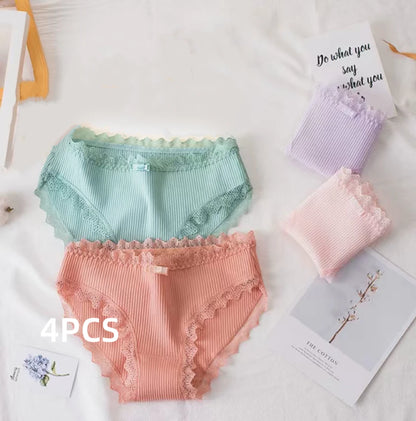 4 Pcs Lace Wavy Trim Bikini Panties, Comfy & Breathable Elastic Intimates Panties, Women's Lingerie & Underwear