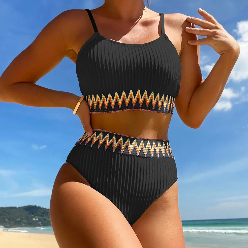 Women High Waisted Bikini Sets Color Block Swimsuits 2 Piece Bathing Suits Tummy Control Sporty Teens