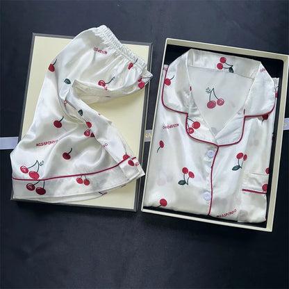 Cherry Print Silk Pajamas Set for Women Summer Short Sleeve Shirt and Shorts Two Pieces Sleepwear Homewear Nightwear