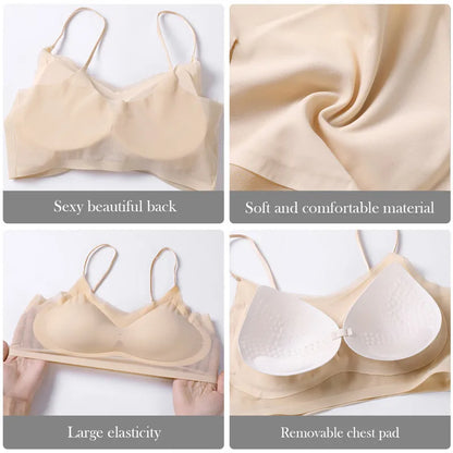Ultra-thin Ice Silk Padded Bra Seamless Underwear Women's Thin Section Sling Beautiful Back Vest Tops Big Chest Small Sleep Bra