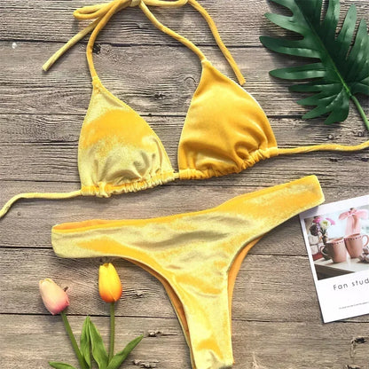Velvet Bikini Thong Halter Strappy Swimsuit Classic Swimwear Two Piece Women 2026 Beach Outfit Triangle Bikinis Set Bathing Suit