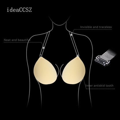 Sticky Adhesive Bras for Women Invisible Bare Back Lift Strapless Sexy Plunge Lingerie Push Up Underwear with Transparent Straps