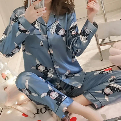 2025 Satin Silk Pajamas Set Women Cartoon Printed Full Sleeve Sleepwear Pijamas Suit Homewear 2 Pieces Loungewear Pjs Plus Size