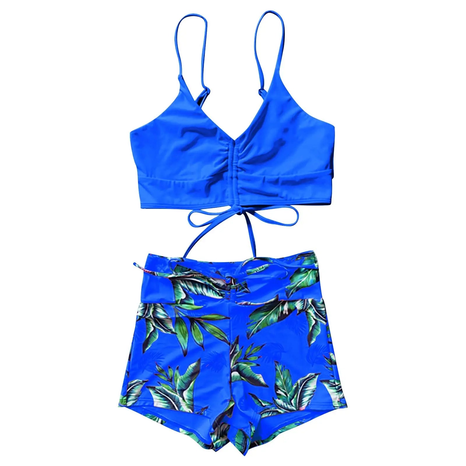 High Waisted Bikini Set for Women Two Piece Swimsuit Tummy Control Ruffle Top & Shorts Swimwear Beach Vacation Bathing Suit