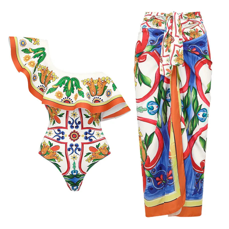2025 New 2-Piece Shoulder Ruffle Swimsuit With Cover Up Sexy Women Swimwear Push Up Biquini Bathsuit Bodysuit Beachwear Dress