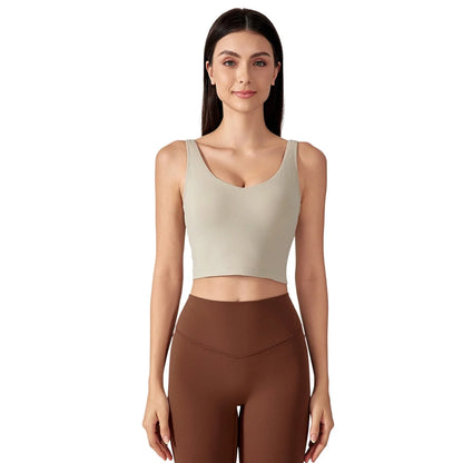 SHINBENE Women's V-neck Slimming Fitness Long-sleeve Padded Short-sleeve Sports Bra Yoga Bra Classic Athletic Tank Top