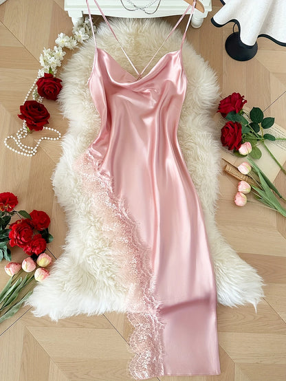 Sexy Lace Patchwork Pajamas Comfortable And Casual Long And Comfortable Women's Nightgown