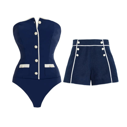 2025 Sexy Women's Swimsuit New Strapless Simple One-piece Swimwear with Shorts Two-piece Set Sliming Bodysuit Beachwear Monokini