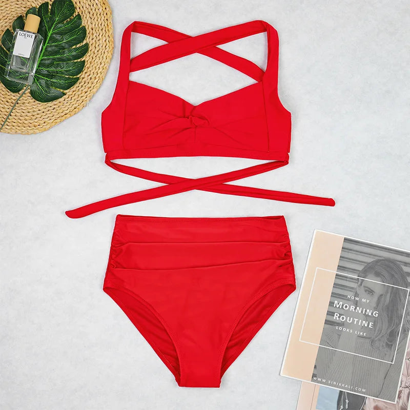 Sexy Two Pieces High Waist Bikini Sets Halter Solid Retro Ruched Printed Swimsuit Brazilian Swimwear Women 2025 Bathing Suits