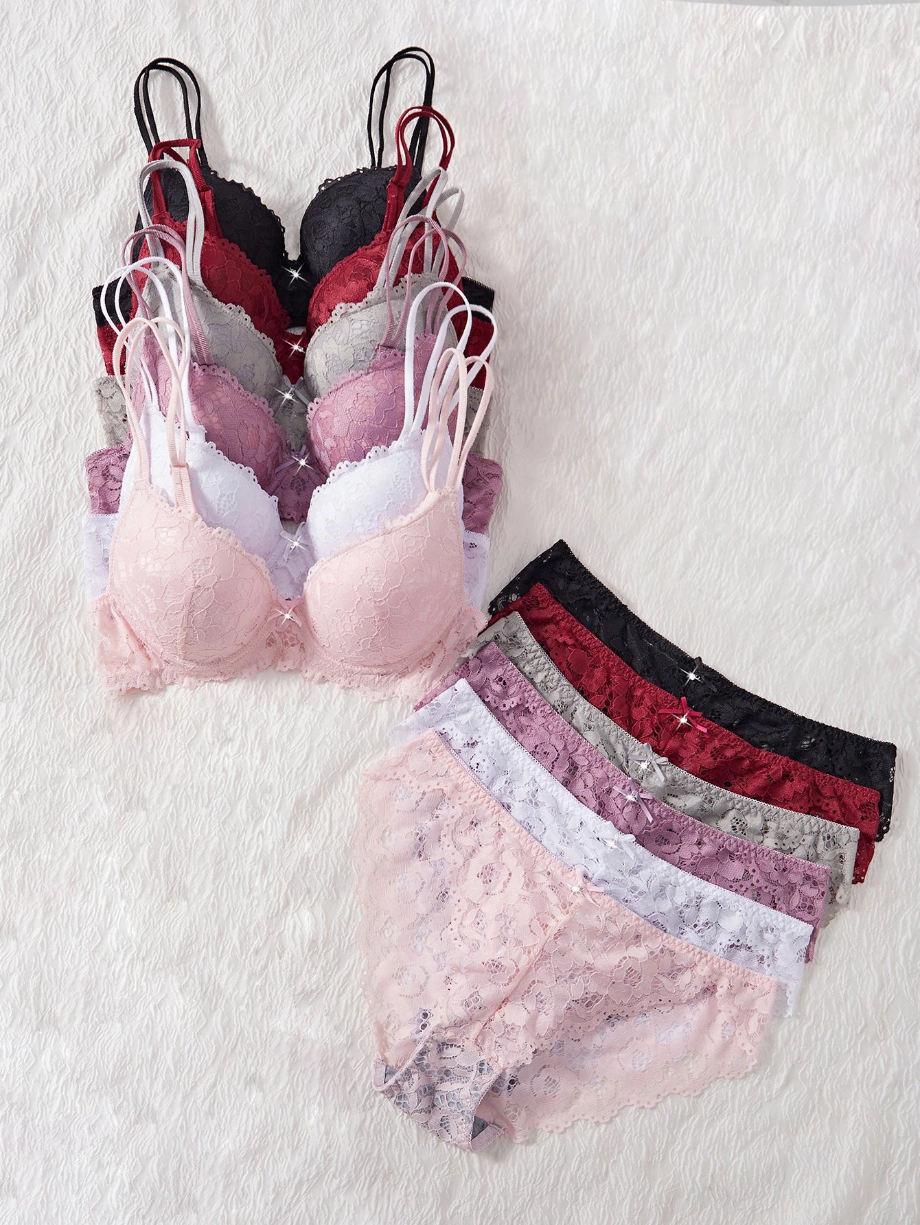 6-Piece Set Women's Bra and Panties Set Sexy Patterned Lace Patchwork No Lining Comfortable Fitting Women's Push up Bra Women's Underwear Set