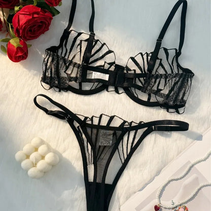 2pcs Women's Bra Set Sexy Lace Mesh Lingerie Set Ultra Thin Breathable Comfortable Lightweight Scallop Transparent Lingerie Set
