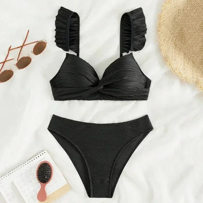 Sexy Black Ribbed Swimwear High Waisted Bikinis Sets 2026 Ruffled Swimsuit Cross Bandage Bathing Suit Brazilian Bikinis De Mujer