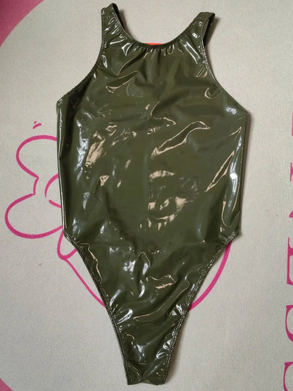 Wet Look PVC Catsuit Swimsuit Backless Shiny PU Leather Bodysuit High Cut Sukumizu Tights Hot Sexy Body Teddies Leotard Swimwear