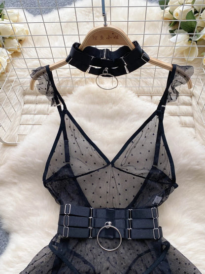 ssTss Ins trendy Girl Sexy Mesh Bottom Strap V-neck one-piece Top bodysuit women's Slimming Waist Ruffle Hemp Vest Jumpsuit