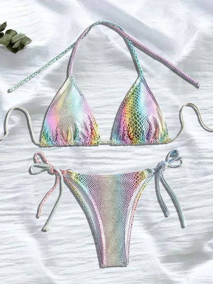 sexy glitter multi color sequin micro mini bikinis sets two pieces halter tie swimsuits beachwear bathing suit swimwear biquini