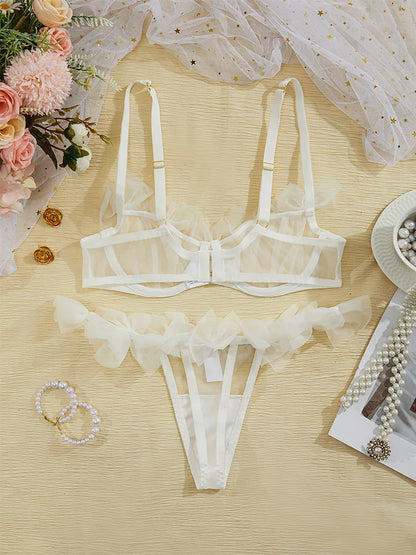 Sexy Lingerie Tulle Bowknot Bra Set Women See Through Lingerie Romantic Bilizna Set Three-Point Intimate Outfit Sexy Underwear