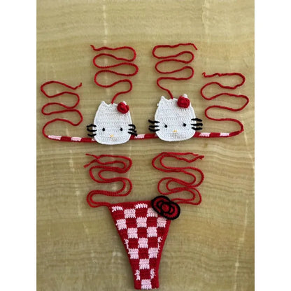 Sanrio Cute Bikini Set Crochet Girls Swimsuit Hello Kitty Sexy Bathing Suit Kwaii Women Swim Suit Bandage Micro Bikinis Swimwear