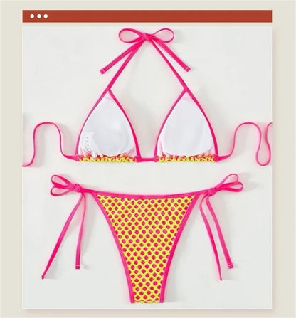 Y2K Holes String Bikini Thong Halter Backless Sexy Triangle Mesh Swimsuit Vacation Swimwear Push Up Women Beachwear Bathing Suit