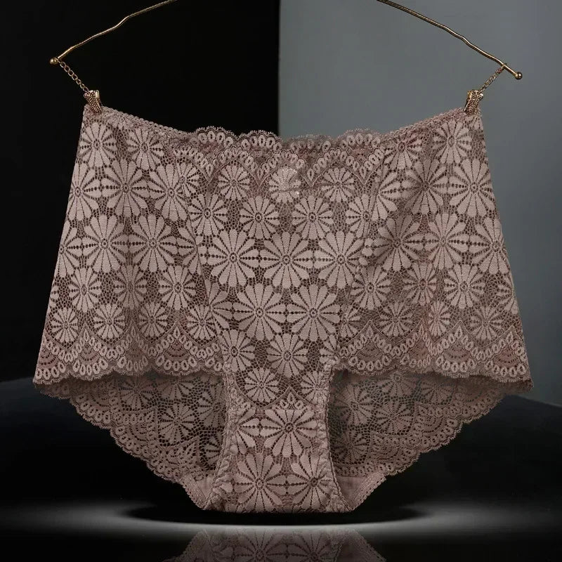 1Pc Fashion Women High Waist Plus Size Panties Lace Mesh Floral Transparent Briefs Underwear Solid Seamless Underpants Lingerie