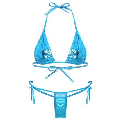 Womens Brazilian Micro Bikini Swimsuit Metallic Shiny Lacing Non-Padded Triangle Cup Bra Top with G-String Swimwear Biquini Set