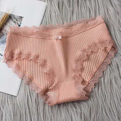 Cotton Sexy Lace Mid Waist Underwear Threaded Brief Solid Color Skin Friendly Ladies Underpant Breathable Fashion Casual Panties