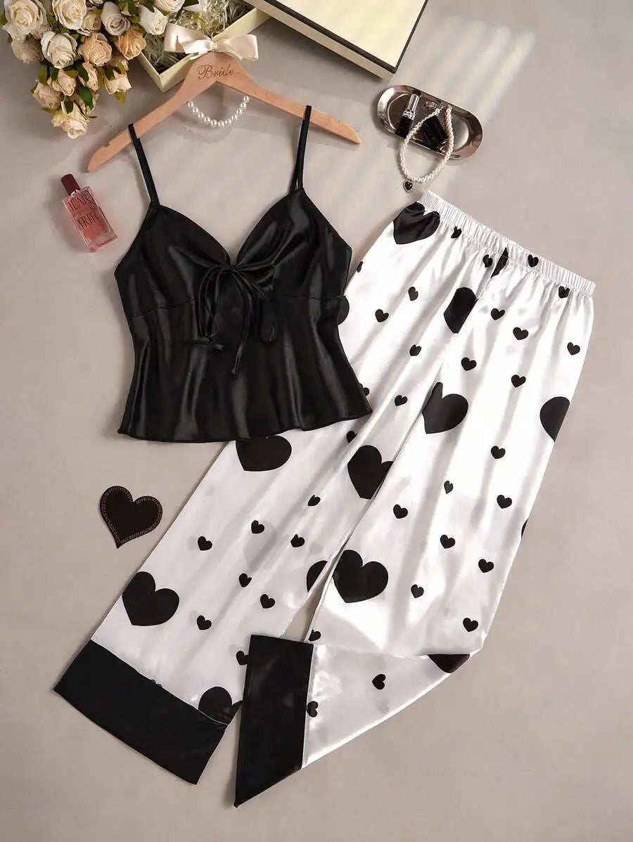 Women Satin Silk Pajamas Sets 2pcs Camisole Top With Tie Knot Heart Print Wide Leg Pants Sleepwear Ladie Sexy Lingerie Pyjamas