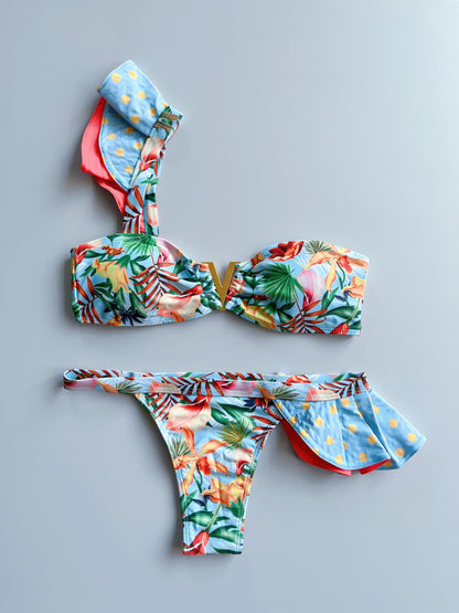 Two-Pieces Women Floral 2025 Push-Up Strappy Ruffles Bandage Bikini Set Swimsuit Swimwear Bathing Suit Beachwear Biquini