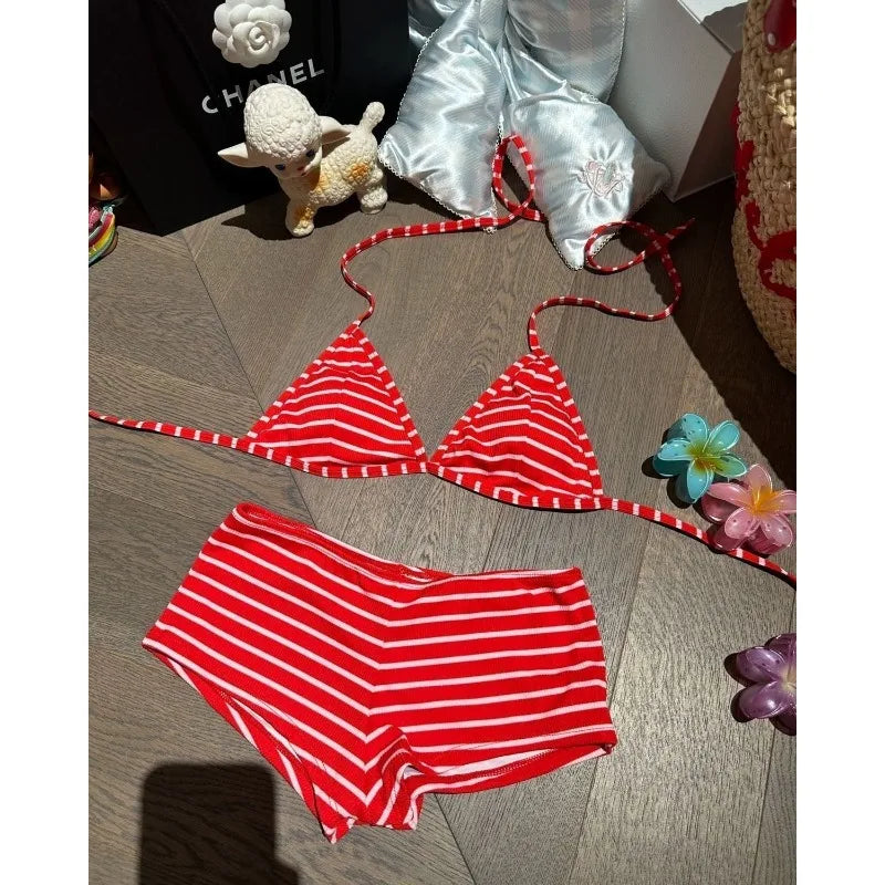Women's Striped Triangle Bikini Set 2 Piece Swimsuit Red White Striped High Waist Boyshort Bottoms Beach Pool Swimwear