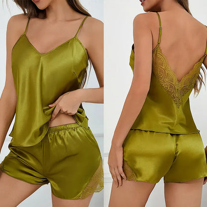 Sexy Backless Deep V Lace Luxury Summer Sleepwear Set Soft Satin Pajamas Set for Women Comfortable Short Sleeve Cami & Shorts