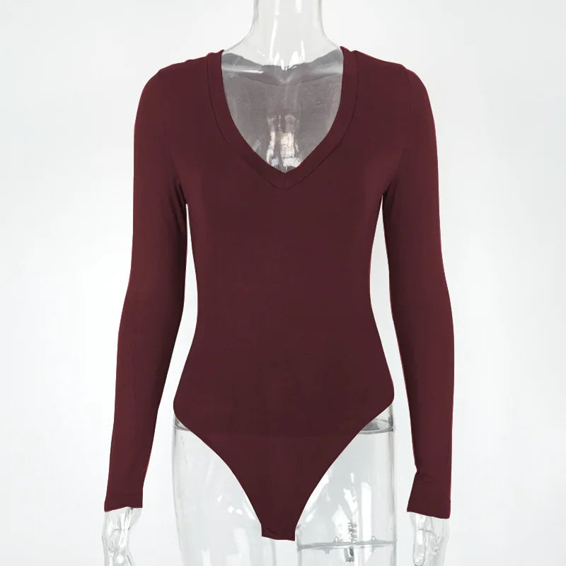 Sexy Solid Black White Bodysuit Women's V Neck Long Sleeve Slim Bodycon One Piece Jumpsuit Top