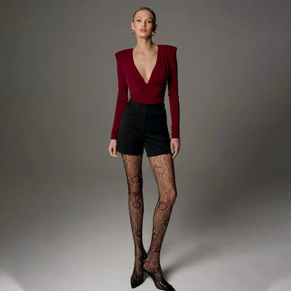 Ahagaga Fashion Women's Bodysuits Solid Regular Long Sleeves Deep V-Neck Basic Tops Skinny Streetwear Slim Fit Female T Shirts