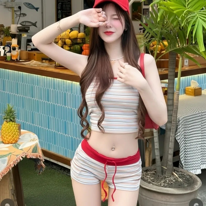 Korean Style Striped Bikini Set Women Cute Yet Sultry Halter Top High Waisted Shorts Tummy Control for Beach Vacation