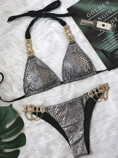 2025 Shiny Rhinestone Diamond Bikini Women Swimsuit Female Swimwear Two Pieces Bikini Set Halter Metal Chains Bathing Suit Swim
