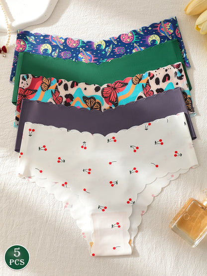 5-Pack Women's Underwear, Solid Color and Printed Mix, Seamless, Bare-Feel, Sexy and Comfortable Bikini Panties