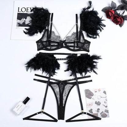 3-Piece Feather Decorated Lace Exotic Sets Women Sexy Patchwork Lingerie Set Chain Bra Panty Garter Underwear Kit For Female
