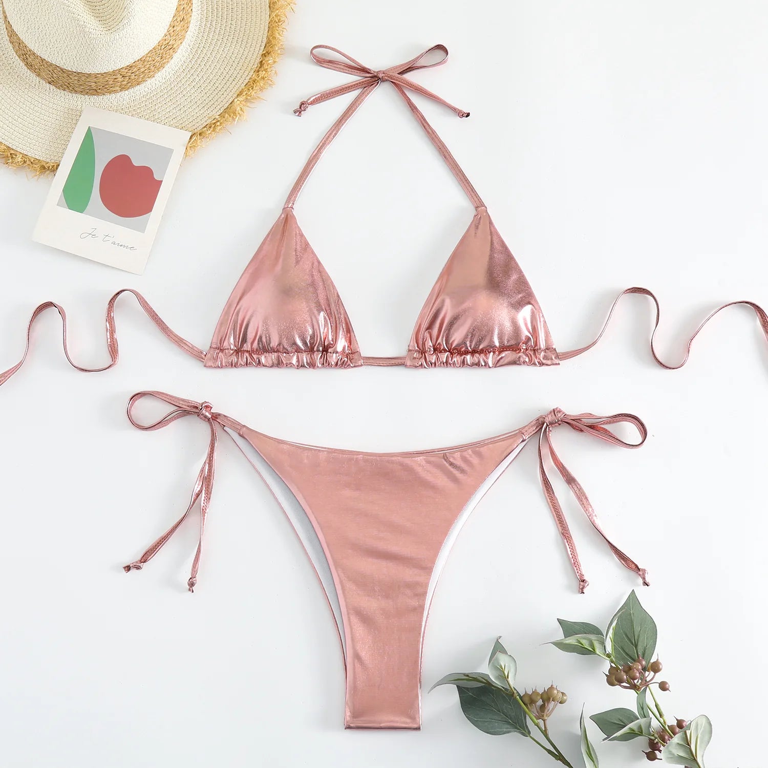 sexy metallic string halter micro mini bikini sets two pieces 2024 women thong swimsuit female bathing suit swimwear biquini