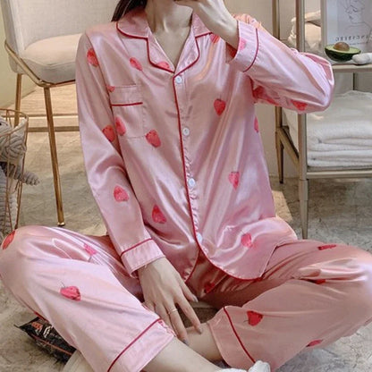 Satin Silk Pajamas Set for Women Cartoon Print Turn-down Collar Short Sleeve Top+Long Pants Matching Sets Homewear Plus Size 5XL