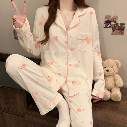 Pink Bow Tie Design Pajamas for Women Long Sleeve Top & Elastic Waist Pants Pajamas Set Harajuku Style Casual New Home Wear