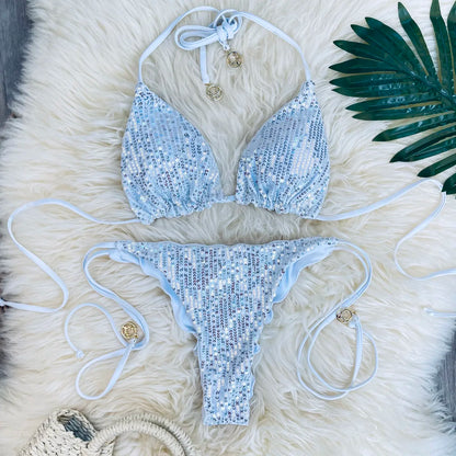 Melphieer Swim 2pcs Women's Summer Beach Holiday Ruching Bum Sequins Sparkle Glitter Plain Halter Strap Bikini Swimwear Set