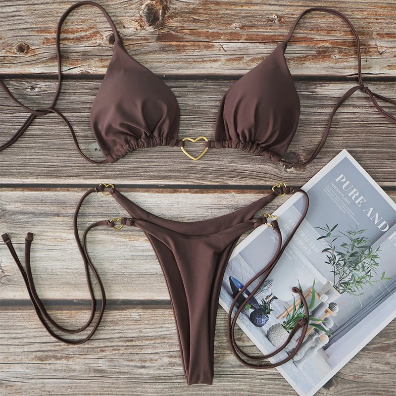Sexy Halter Solid color Bikini Set Women's Swimsuit Two-piece Triangle Thong Swimwear Bathing Suit Brazilian Biquinis