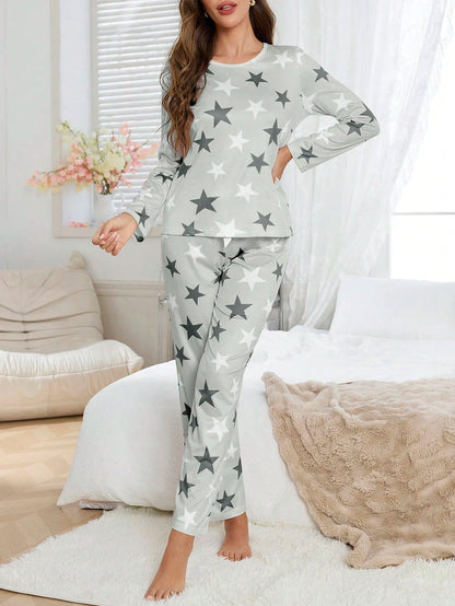Women's Four-Season Spring and Summer Long-Sleeved Pajamas, Casual, Comfortable and Cute Star-Printed Long-Sleeved Pants Set for