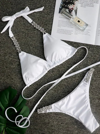 2025 Shiny Rhinestone Diamond Bikini Women Swimsuit Female Swimwear Two Pieces Bikini Set Halter Metal Chains Bathing Suit Swim